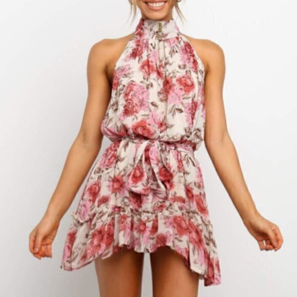RED Floral Print Sleeveless Mini Dress